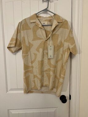 Folk Beige and Mustard Abstract Short Sleeve Button-Up Shirt